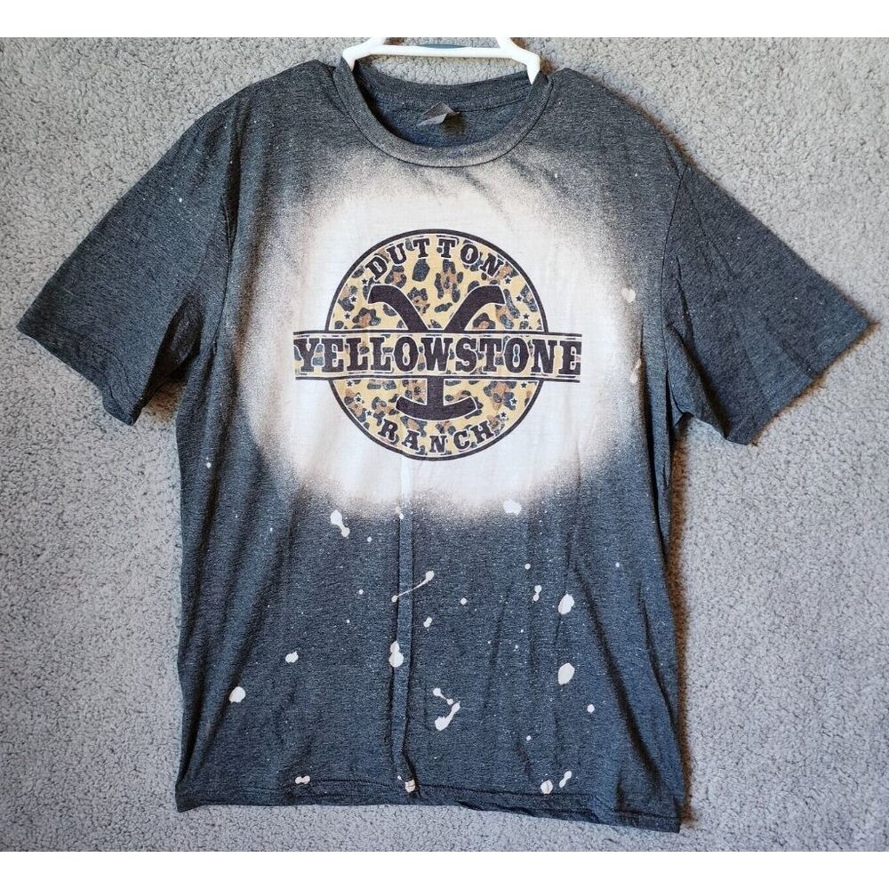Yellowstone Women's Short Sleeve T Shirt Top Bleached Dye Gray/Animal Print Sz L